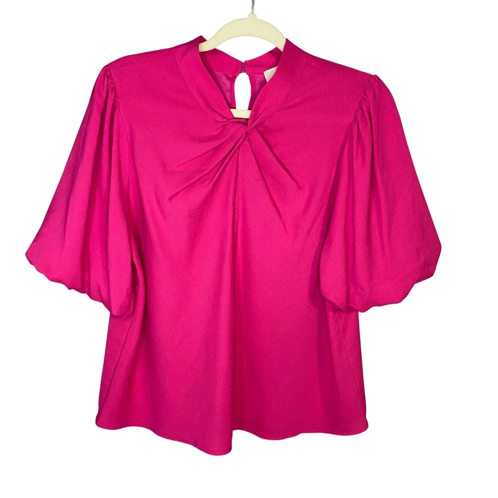 LOFT Magenta Pink Twist Front Puff Sleeve Blouse Medium Mock Neck Keyhole Blouse